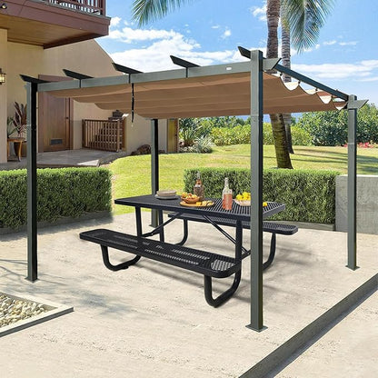 6FT Rectangular Steel Outdoor Picnic Table,Commercial Black Picnic Table Bench Set with Umbrella Hole, Weather-Resistant Heavy Duty School Dining Table for Patio, Garden, Backyard