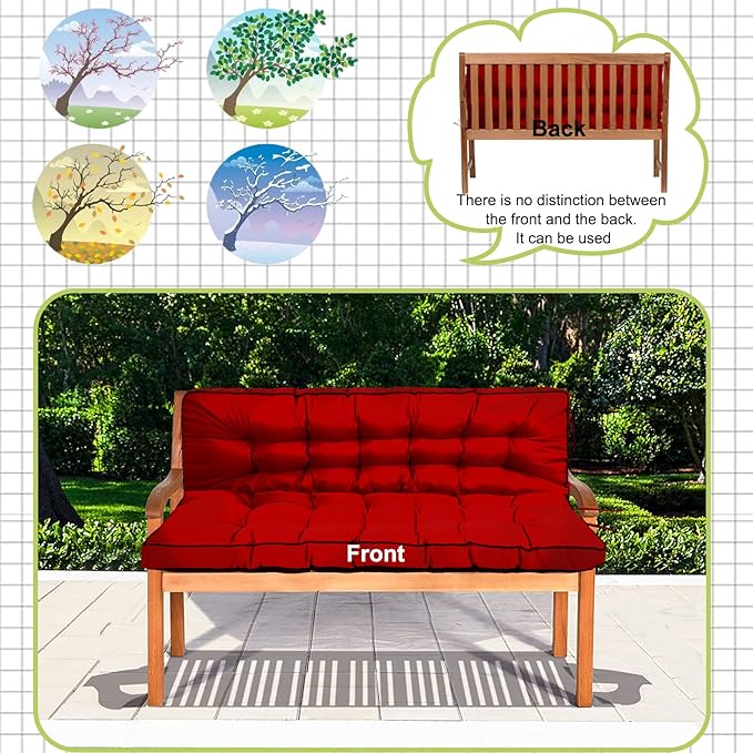 Swing Replacement Cushions with Backrest, 2 or 3 Seater Waterproof Non-Slip Overstuffed Swing Pad, Indoor/Outdoor Bench Cushion for Porch Chair Swing Garden Furniture (Red, 40 * 70.8in)