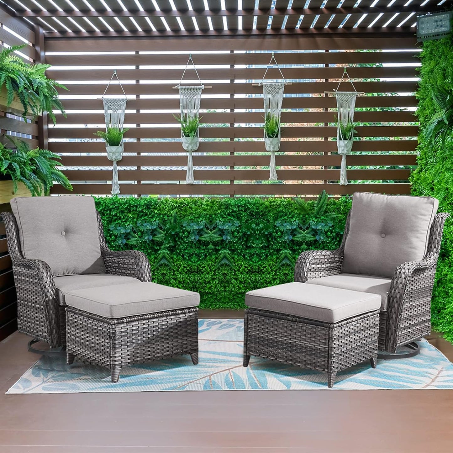 Wicker Outdoor Furniture Patio Furniture Set - 6 Piece Patio Conversation Set with Swivel Rocker Chairs, Loveseat Sofa, Ottomans and Coffee Table, Gray Cushion