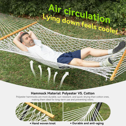Double Hammock for 2 Person, Handwoven Cotton Rope Hammock with Spreader Bar Without Stand - Indoor & Outdoor Use for Patio, Poolside, Backyard (White)