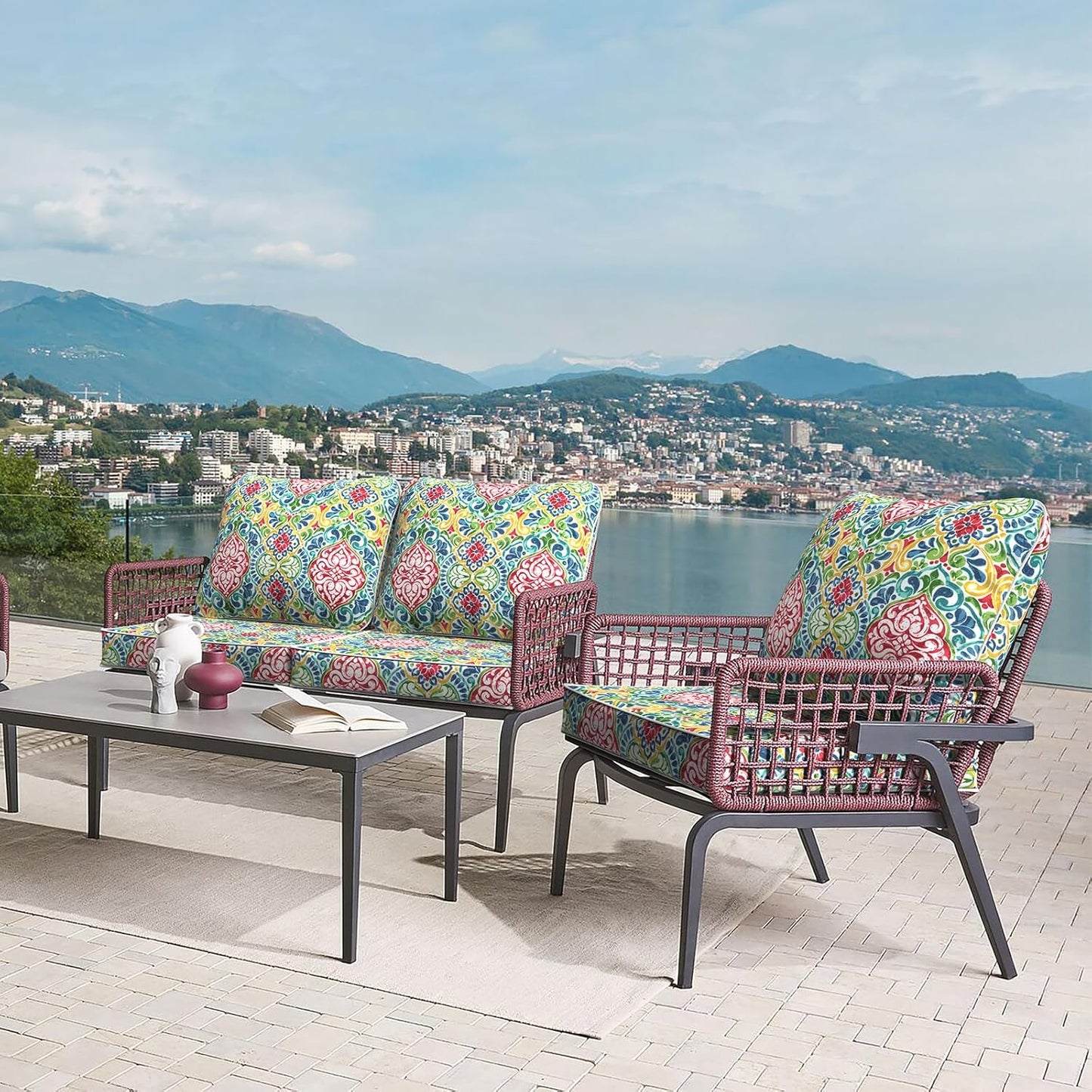 LVTXIII Outdoor Deep Seat Cushion Patio Seat and Back Cushion Set Seasonal Chair Cushion for Dining Arm Chairs, Wicker Chairs and Garden Furniture Decoration, 22"x22"x4", Damask Red