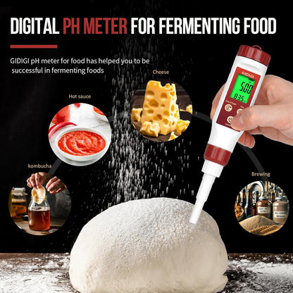 pH Meter for Food Digital pH Meter for Fermentation Hot Sauce Canning Spear Tip pH Food Tester Probe for Cheese Cooking Sourdough Bread Saliva Water Resistant Food Acidity Tester for Solid and Water