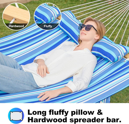 Double Quilted Fabric Tree Hammock with Spreader Bar, 14ft Hammocks 2 Person for Outside, Fits 12ft -14ft Hammock Stand, Large Pillow, Side Pocket & Carabiner, Max 475 lbs Capacity (Ocean Blue)