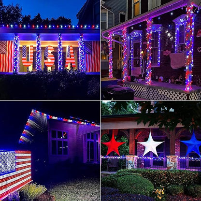 JMEXSUSS 2 Pack Red White and Blue Solar Lights 100LED 33ft Patriot Solar String Lights Waterproof, 8 Modes 4th of July Lights for Independence Day, Gardens, Tree, Outdoor 4th of July Decorations