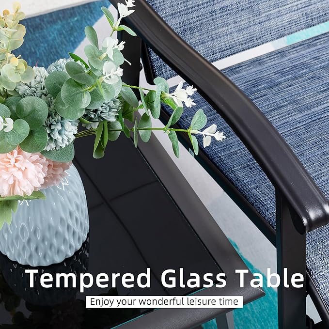 Vongrasig 3 Piece Outdoor Rocking Bistro Set, Textilene Fabric Small Patio Furniture Set, Front Porch Rocker Chairs Conversation Set with Glass Table for Lawn, Garden, Balcony, Poolside (Denim Blue)