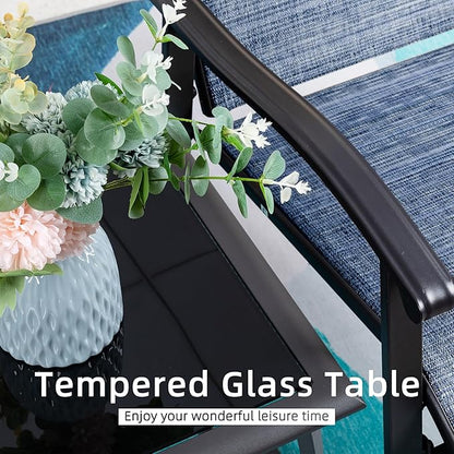 Vongrasig 3 Piece Outdoor Rocking Bistro Set, Textilene Fabric Small Patio Furniture Set, Front Porch Rocker Chairs Conversation Set with Glass Table for Lawn, Garden, Balcony, Poolside (Denim Blue)