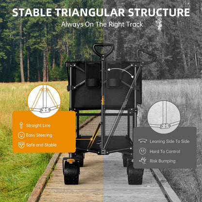 Foldable 50''L Extra Long Double Decker Wagon for Sport, 400L Collapsible Heavy Duty Wagon Cart with Big Wheels, Utility All-Terrain Large Extender Cart for Outdoors