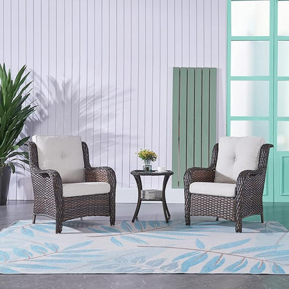 Rilyson Patio Bistro Set Wicker Chairs - 3 Piece Outdoor Rattan Conversation Set with 2 Armrest Chair and 1 Side Table for Proch Deck Garden Backyard Balcony(Brown/Beige)
