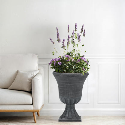 22" Large Urn Planters (Set of 2), Handmade Washed Black Plastic Flower Pots, Weatherproof for Porch, Garden, Patio or Home Décor