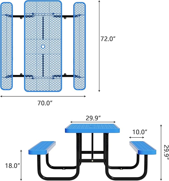72'' Rectangular Steel Picnic Table for Outdoors,Commercial Metal Picnic Table Bench Set with Umbrella Hole,School Canteen Table W/Seats - Heavy Duty Sturdy Picnic Tables Furniture for Patio Garden