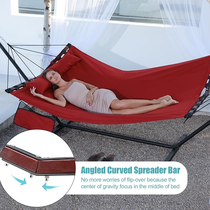 TegerDeger 12FT 2 Person Hammock with Stand Included 55 x 79IN Large Hammock 450LB Capacity with Hardwood Spreader Bar & Nylon Rope for Outside, Patio, Garden, Backyard, Beach - Red