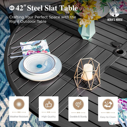 HERA'S HOUSE 5 Pieces Patio Dining Set, Patio Table and Chairs Set for 4, 4 x Red Textilene Dining Chair and 42" Metal Round Table for Lawn Garden Backyard Deck