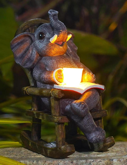 Elephant Statue Recliner Light Up Cup - Resin Elephant Fairy Garden Decor - Suitable for Home Desk Garden Lawn Patio Porch Ornamental, Unique Birthday Gifts for Mom Daughter(6.8 inch)