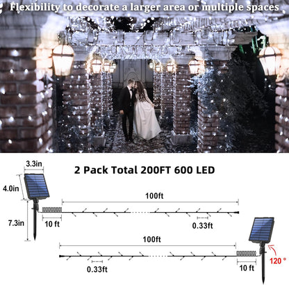 2-Pack 200FT Solar String Lights for Outside, 600 LED Extra-Bright Solar Light Outdoor with 19 Modes & Timer, Waterproof Fairy Solar Lights for Garden Patio Tree Christmas Decorations (Cool White)