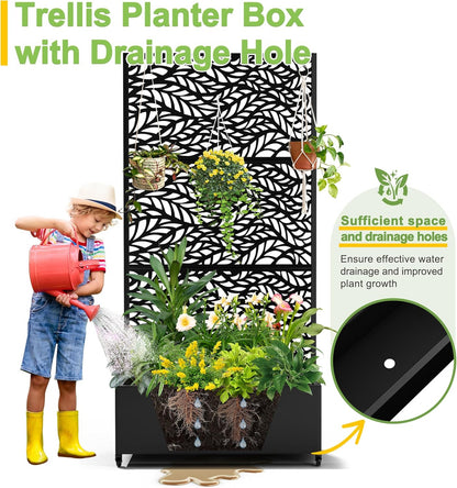 FENCY Metal Raised Garden Bed with Wheels and Trellis,73"x35"x16" Planter Box for Climbing Plants, Vegetables & Vines, Features Privacy Screen and Drainage Holes (Black-Leaf)