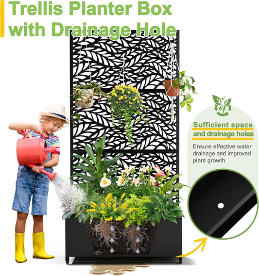 FENCY Metal Raised Garden Bed with Wheels and Trellis,73"x35"x16" Planter Box for Climbing Plants, Vegetables & Vines, Features Privacy Screen and Drainage Holes (Black-Leaf)