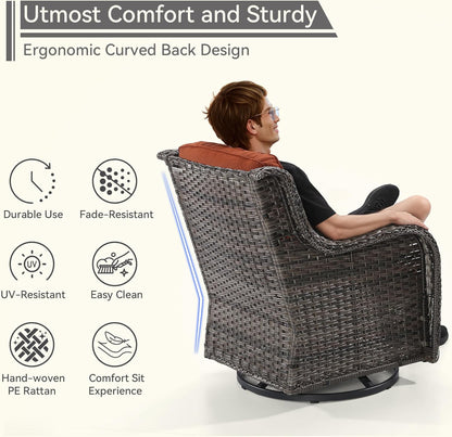 5 Piece Outdoor Patio Furniture Set Wicker Conversation Set Swivel Rocking Chairs with Side Table and Ottomans for Backyard, Porch, Deck, Orange