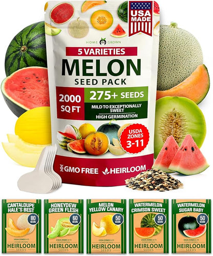 HOME GROWN 𝗨𝗦𝗔 𝗣𝗥𝗘𝗠𝗜𝗨𝗠 Melon Seeds Variety Pack 5 𝗡𝗢𝗡-𝗚𝗠𝗢 Heirloom Vegetable Seeds, Watermelon Cantaloupe Honeydew Sugar Baby & Melon, High Germination for Planting Home Garden Indoors