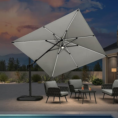 PURPLE LEAF 10 Feet Patio Umbrella Outdoor Cantilever Solar Powered LED Swivel Square Umbrella Aluminum Offset Umbrella with 360-degree Rotation for Garden Deck Pool Patio White