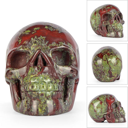 3.0" Dragon Blood Stone Crystal Skull Head Figurine Healing Stone Carved Sugar Skull Statue Sculpture Decor Day of The Dead Statue Ornaments Halloween Decoration