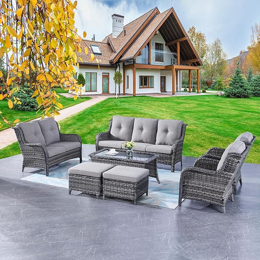 Rilyson Outdoor Patio Furniture Sofa Set - 7 PC Rattan Wicker Patio Sectional Conversation Sets with Sofa,Loveseat,Coffee Table,Armrest Chairs and Ottomans for Porch Deck Garden(Mixed Grey/Grey)