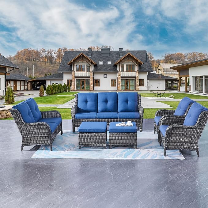 Rilyson Wicker Patio Furniture Set - 6 Piece Rattan Outdoor Sectional Conversation Sets with 1 Sofa,1 Loveseat,2 Armrest Chairs and 2 Ottomans for Porch Deck Garden(Mixed Grey/Blue)