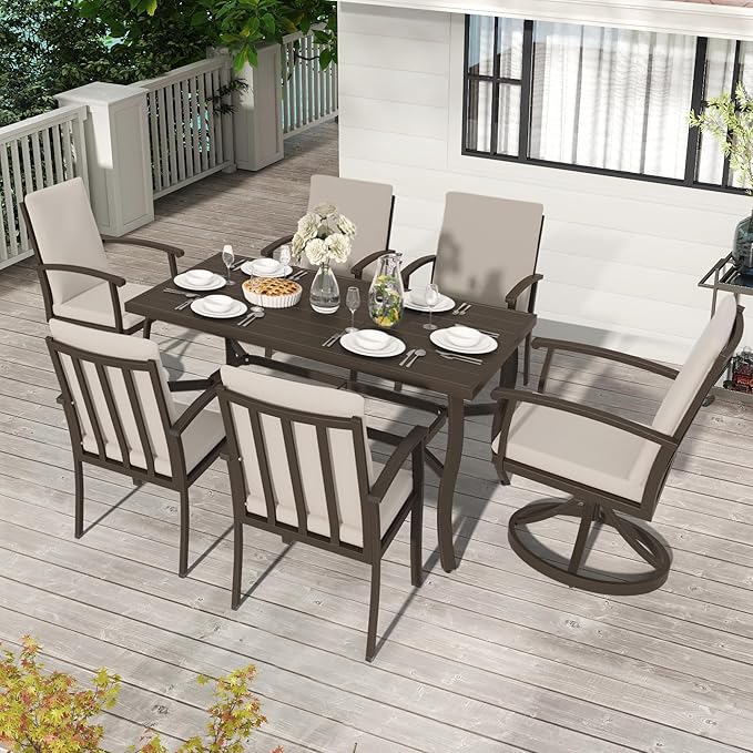 HAPPATIO 7 Piece Patio Dining Set, Aluminum Outdoor Dining Set for 6, Patio Furniture Sets, 2 Swivel Dining Chairs, 4 Dining Chairs, Aluminum Furniture Set for Patio, Yard (Black)