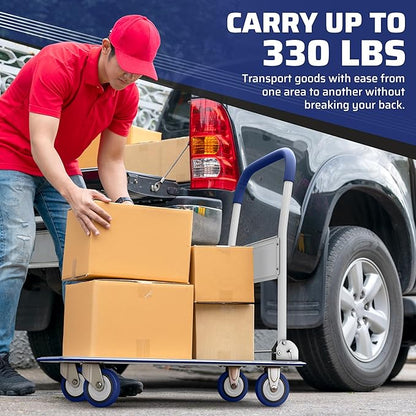 Heavy Duty Foldable Push Cart Dolly | 330 lbs. Capacity | Upgraded Collapsible Hand Truck Folding Platform with Swivel Wheels | Flat Bed Moving Wagon | Space Saving Push Handle (Blue)
