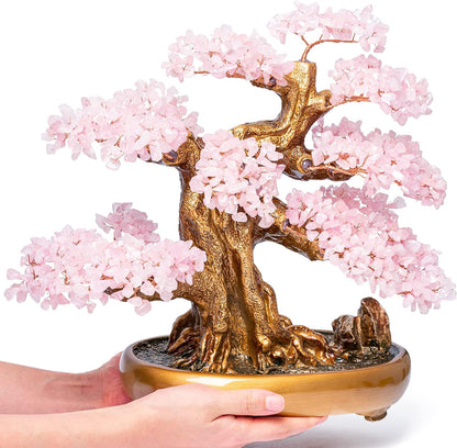Natural Rose Quartz Gemstone Crystal Bonsai Tree of Life Large Feng Shui Money Chakra Tree for Luck and Wealth Decoration(1,251 Gem Count)