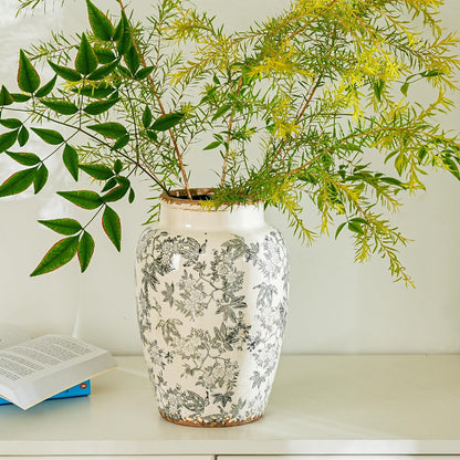 Sungmor Ceramic Flower Vase, Vintage Ice Cracked Glaze Porcelain Vase, Pretty Home Decor Vase for Flower Arrangement, Fresh Flowers, 10.2 Inch Tall Chinoiserie Pottery Vase, Gray Floral Pattern