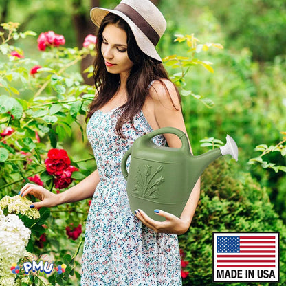 PMU 2 Gallon Watering Can - Garden Watering Can for Indoor & Outdoor Plants - Plastic Water Can with Detachable Sprinkler Head - Large Water Pot, Made in USA - Sage Green Pkg/3