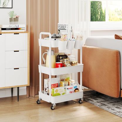 UDEAR 3-Tier Rolling Utility Cart,Multifunctional Storage Shelves with Handle and Lockable Wheels for Room,Office,Kitchen,Bathroom,with 3 Hanging Cups,White