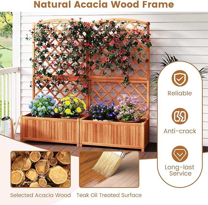 HAPPYGRILL Wooden Raised Garden Bed with Trellis, 63" Tall Planter Box with Trellis & Slat Bottom Base Vine Climbing Plants Flowers, Outdoor Freestanding Garden Box for Backyard Balcony (2)