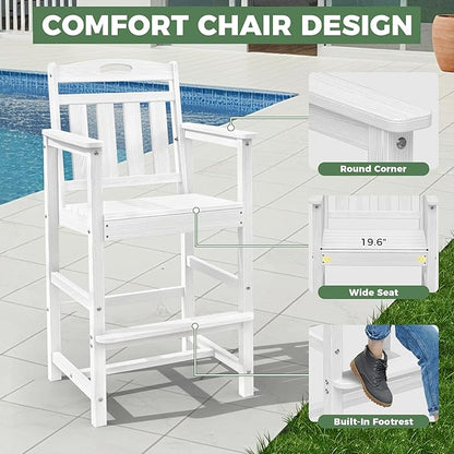 HDPE Outdoor Patio Tall Adirondack Bar Chair, All-Weather Bar Height Balcony Adirondack Stools for Bistro, Garden, Backyard, Deck | White