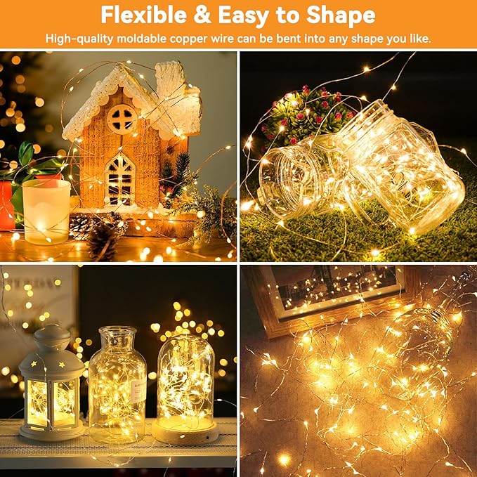 Solar String Lights Outdoor Waterproof 2 Pack Total 66ft 200LED 8 Modes Twinkle Lights Solar Fairy Lights for Patio, Garden Yard Party Wedding Tree Christmas Halloween Decoration, Warm White