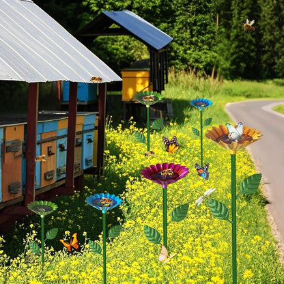 4 Pack Bee Watering Station, Bee Baths for Garden with Glass Marbles, Colorful Metal Butterfly Bird Water Feeder Supplies for Outdoor Garden Yard Farm Decor Flower Design (Green,Red,Blue,Yellow)