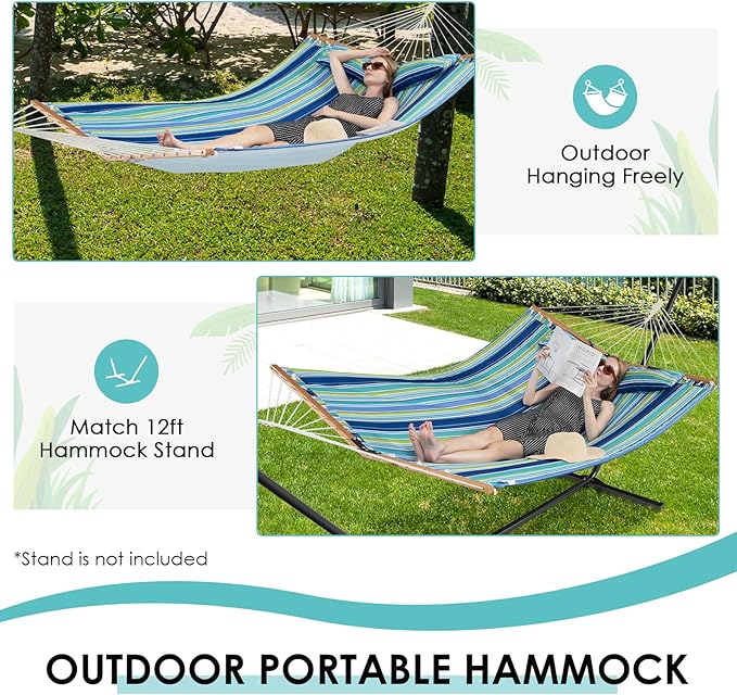 Tangkula 10.5FT Double Hammock, Heavy Duty Outdoor Hammock with Curved Spreader Bars, Detachable Pillow, 2 Person Hammocks for Outside, Porch, Patio (Stand is not Included) (Blue+Green)