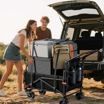 LEVELEVE Heavy Duty Folding Wagon - 2-in-1 Collapsible Cart, 400lb Capacity, All-Terrain Wheels w/Brakes & Side Pockets (Black)