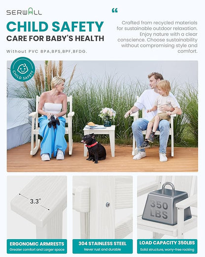 SERWALL 3 Piece Rocking Bistro Set, HDPE Outdoor Patio Table and Chairs, All Weather Outdoor Rocking Set for Backyard,Porch, Poolside, Balcony, and Garden- White