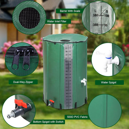 100 Gallon Collapsible Rain Barrel, Portable Rainwater Collection System, Rain Catcher Barrel with Volume Scale Mark, Two Spigots and Overflow Kit, Rain Water Barrel Collector for Garden, Green