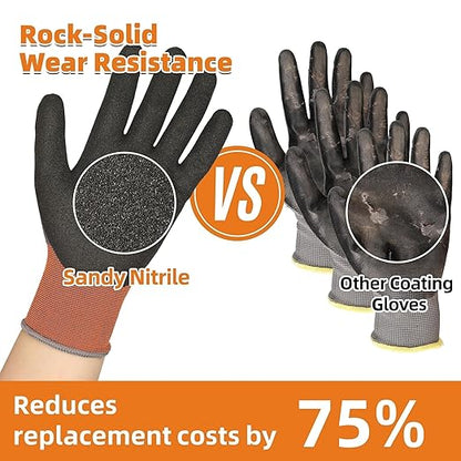Schwer 12 Pairs Safety Work Gloves with Sandy Nitrile Coating LT5626, Max Abrasion Resistance Heavy Duty Gloves with Grip for Men Women, Ideal for General Use, Mechanic, Construction, Gardening, XS