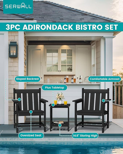 SERWALL 3 Pieces Patio Bistro Set, All Weather Adirondack Chair Set with Side Table, HDPE Material Outdoor Patio Furniture Set for Balcony, Porch, Garden, Backyard- Black