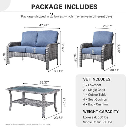 ovios 4 Pieces Patio Furniture Set, Outdoor Wicker Sofa with Coffee Table, Chairs, All Weather High Back Rattan Loveseat Couch with Comfy Cushions, Denim Blue