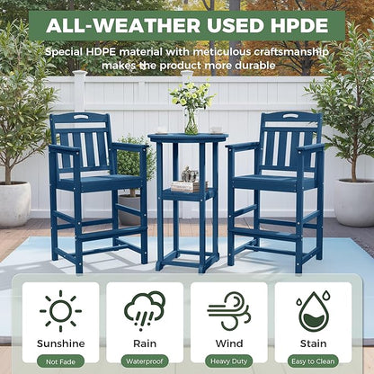 HDPE Outdoor Patio Bar Set with Bar Height Table and 2 Adirondack Chairs, All-Weather High Top Outside Round Pub Furniture for Bistro, Garden, Backyard, Deck | 3-Pieces, Navy Blue