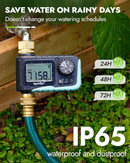 RAINPOINT Sprinkler Timer with Brass Inlet & Outlet, Programmable Hose Timer for Garden Soaker Hose, Watering Timer with Rain Delay/Manual Watering System, Digital Drip Irrigation for Yard, Lawn