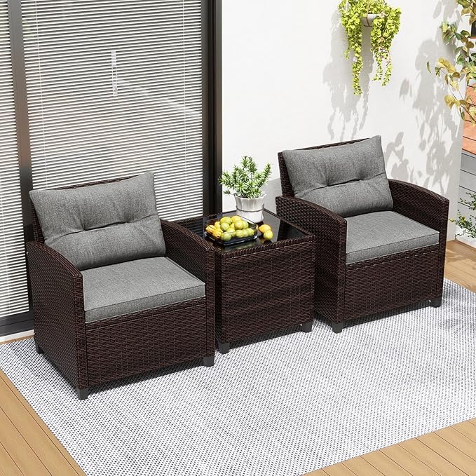 RELAX4LIFE 3-Piece Patio Furniture Set - Wicker Bistro Conversation Set w/2 Cushioned Armchairs & Glass Topped Table, Outdoor Rattan Sofa for Porch Balcony Poolside (Grey)