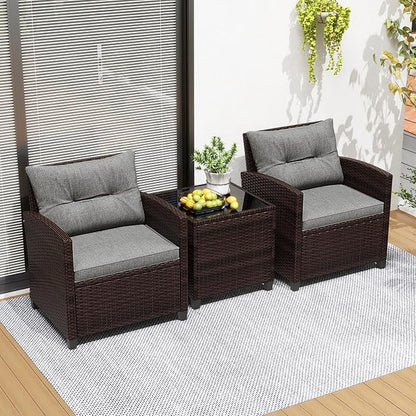 RELAX4LIFE 3-Piece Patio Furniture Set - Wicker Bistro Conversation Set w/2 Cushioned Armchairs & Glass Topped Table, Outdoor Rattan Sofa for Porch Balcony Poolside (Grey)