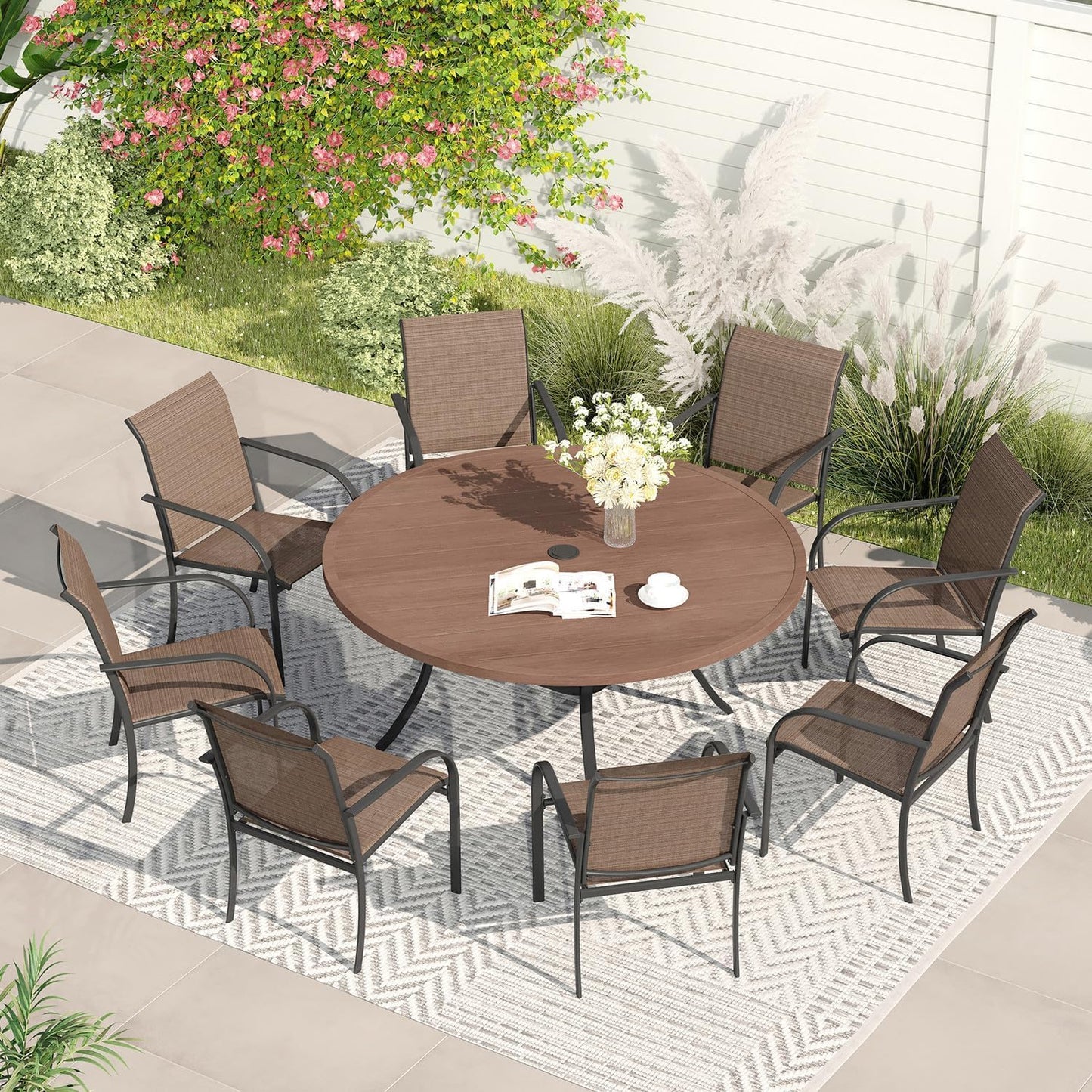 VICLLAX Patio Dining Set for 8, Outdoor Furniture Set Includes 53" Round Patio Table and 8 Patio Sling Chairs, Walnut Wood-Like Tabletop and Brown Fabric