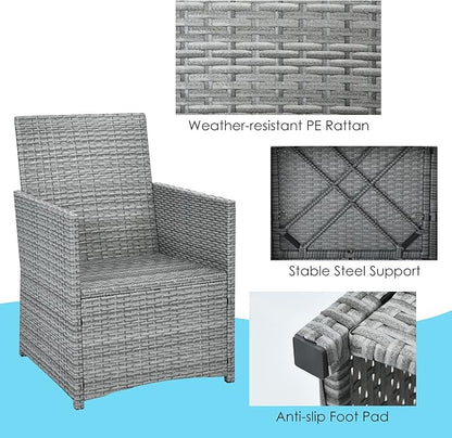 HAPPYGRILL 3-Piece Outdoor Wicker Bistro Set Space-Saving PE Rattan Dining Table Set with Cushioned Chairs, Patio Conversation Set for Backyard Porch Garden and Poolside