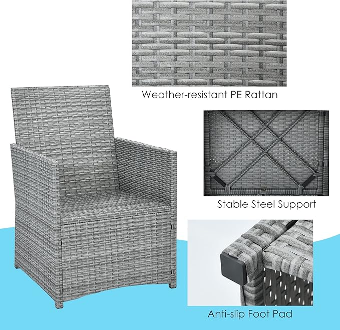 HAPPYGRILL 3 Pieces Outdoor Wicker Bistro Set Space-Saving PE Rattan Dining Table Set with Cushioned Chairs, Patio Conversation Set for Backyard Porch Garden and Poolside